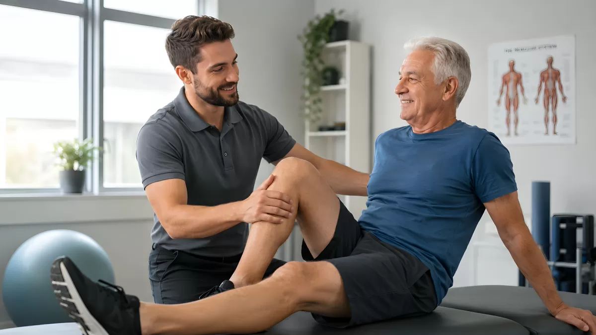 Physiotherapeut behandelt Knie eines älteren Patienten