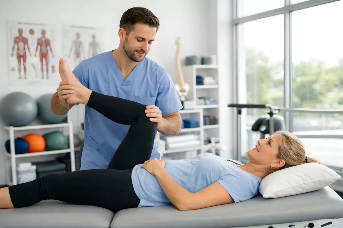 Physiotherapeut behandelt Patientin bei Beinübung