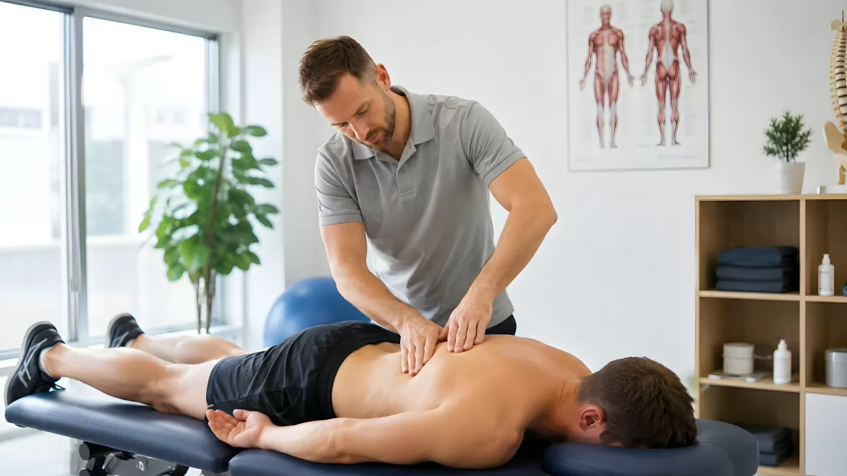 Physiotherapeut behandelt Rücken beim Patienten