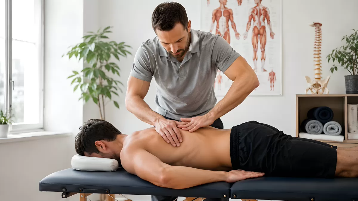 Physiotherapeut behandelt Rücken eines Patienten