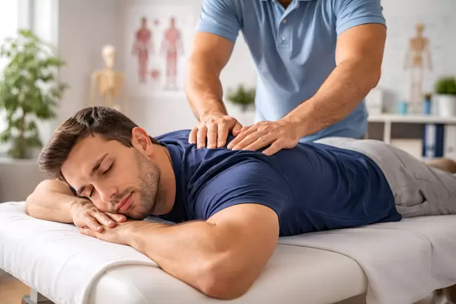 Physiotherapeut behandelt Rückenschmerzen des Patienten