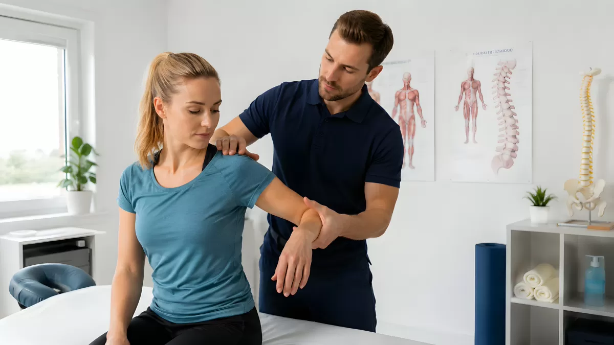 Physiotherapeut behandelt Schulter einer Patientin
