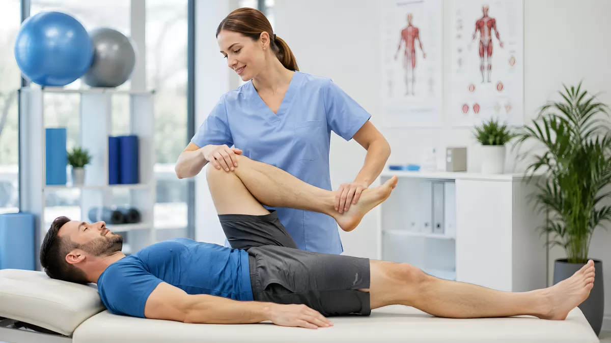 Physiotherapeutin behandelt Knie eines Patienten