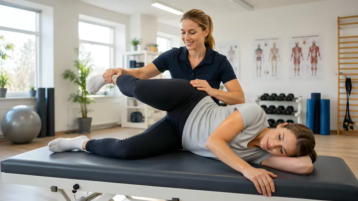 Physiotherapeutin behandelt Patientin bei Beinübung