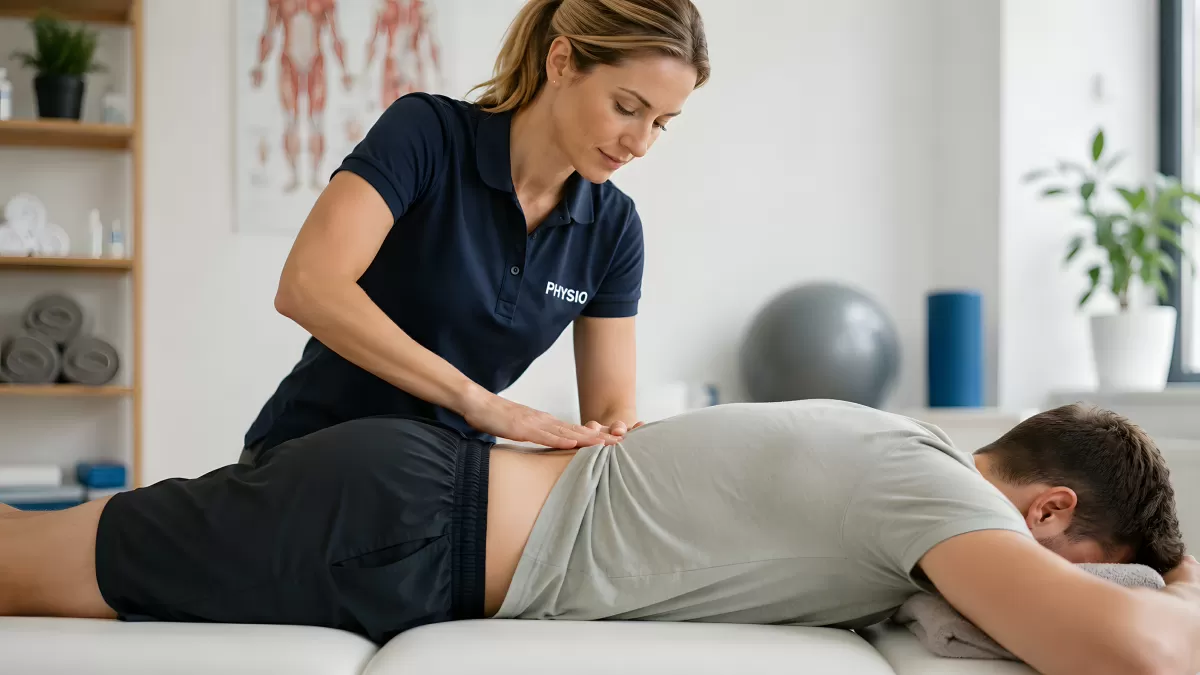 Physiotherapeutin behandelt Rücken eines Patienten