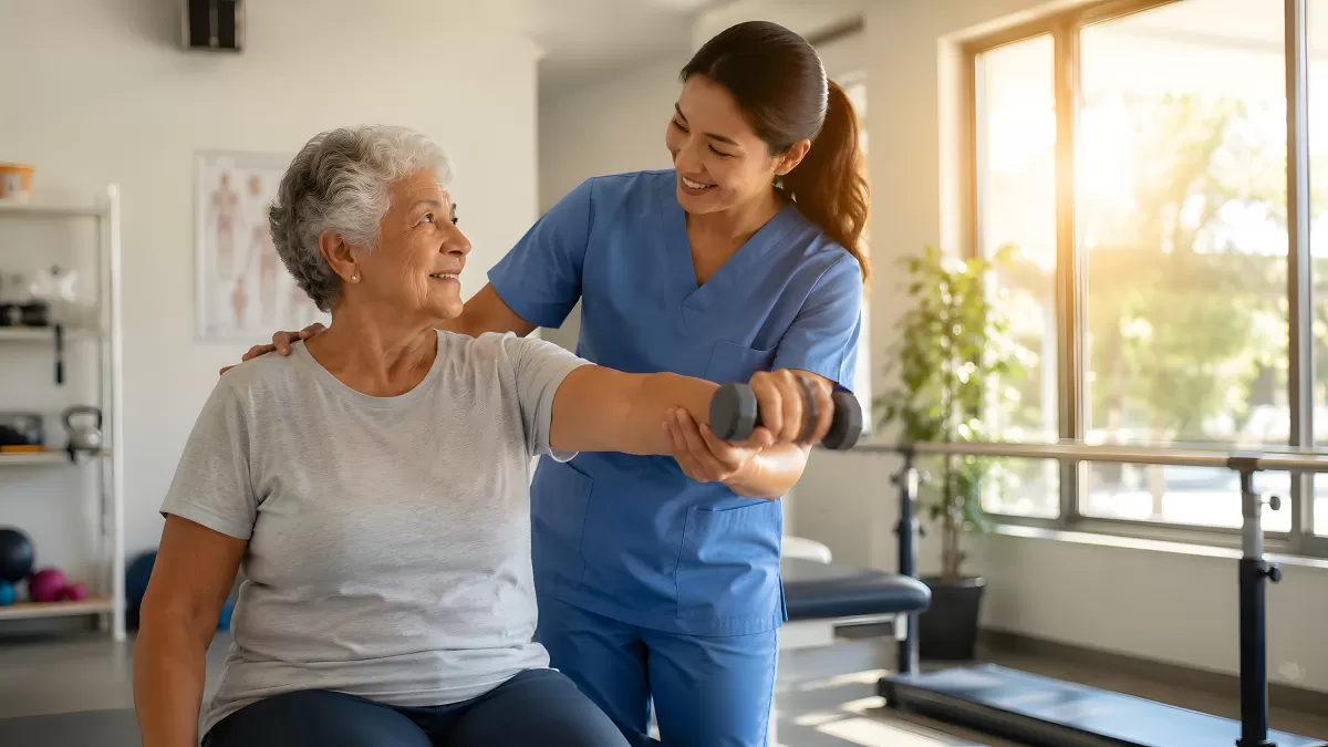 Physiotherapeutin hilft Seniorin beim Krafttraining