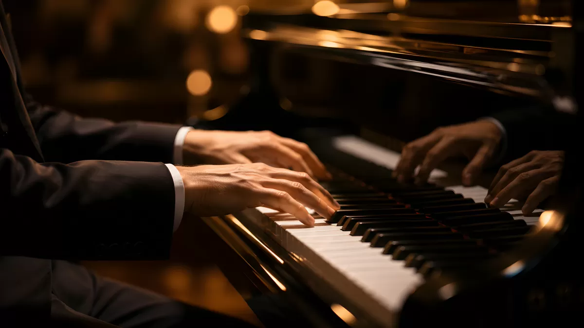Pianist spielt elegantes Konzert auf Flügel im Kerzenlicht
