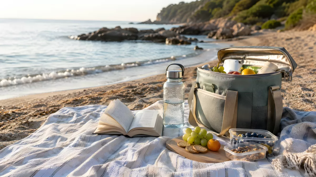 Picknick am Strand mit Früchten, Buch und Kühltasche