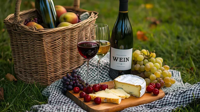 Picknick im Freien mit Wein, Käse und Früchten