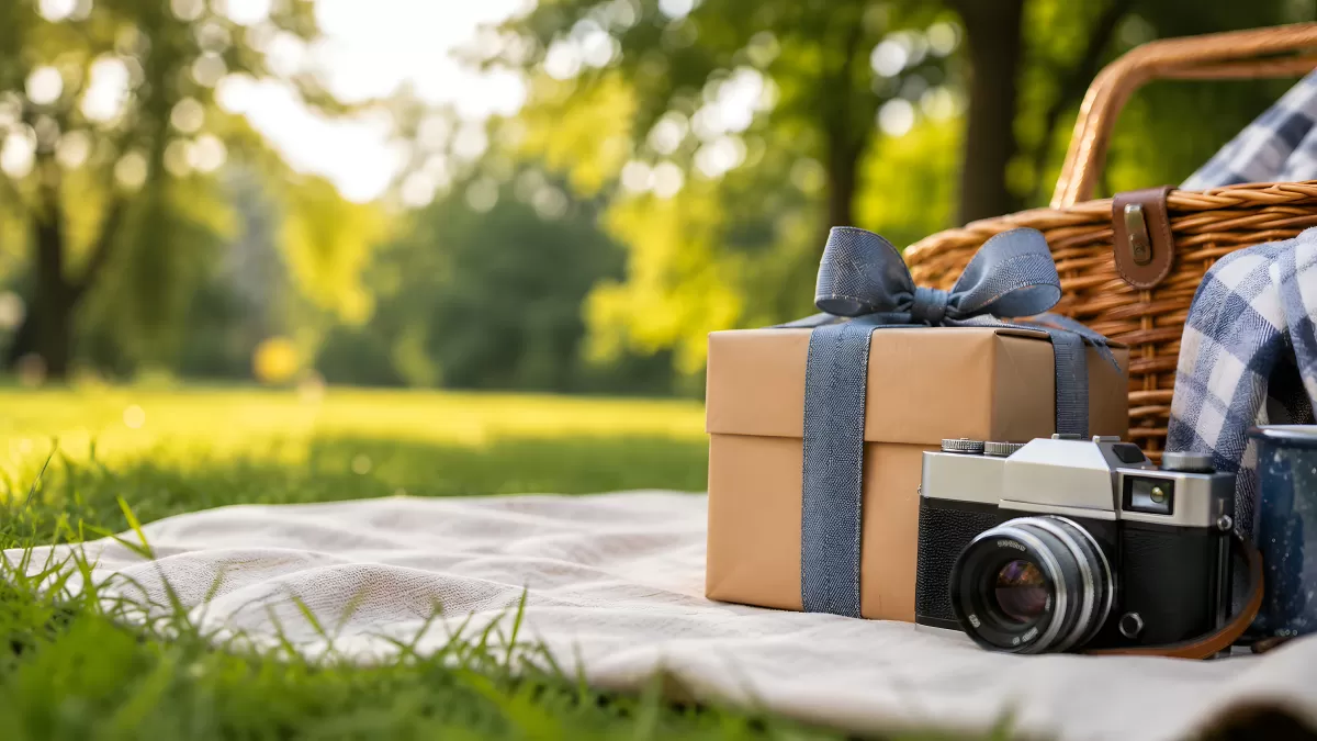 Picknick im Park mit Geschenk und Vintage-Kamera