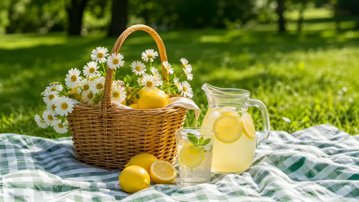 Picknick im Park mit Limonade und Gänseblümchen