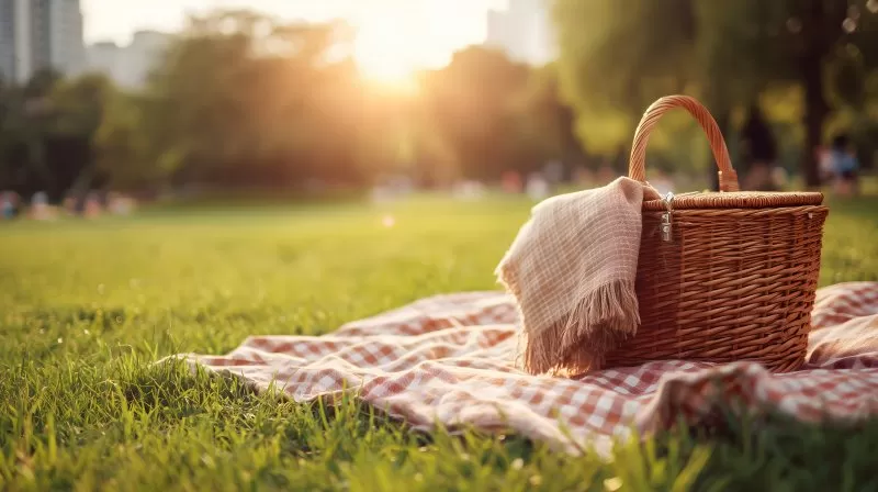 Picknickdecke im Stadtpark mit Getränken und frischem Obst