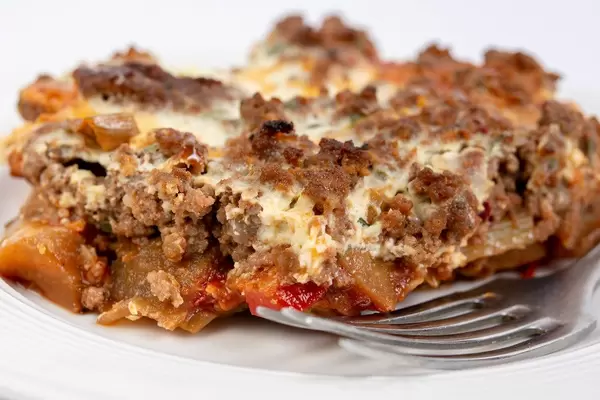 Pie with Eggplant Leek Paprika and Minced Meat on the plate