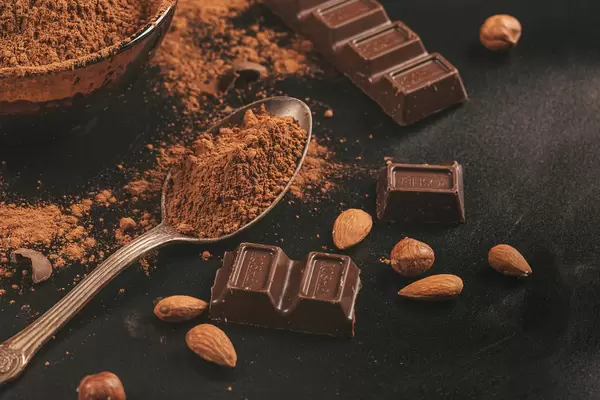 Pieces of chocolate with almonds, hazelnuts and cocoa powder