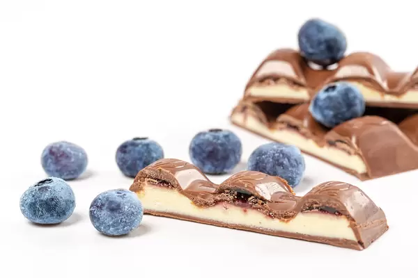 Pieces of chocolate with milk filling and blueberries
