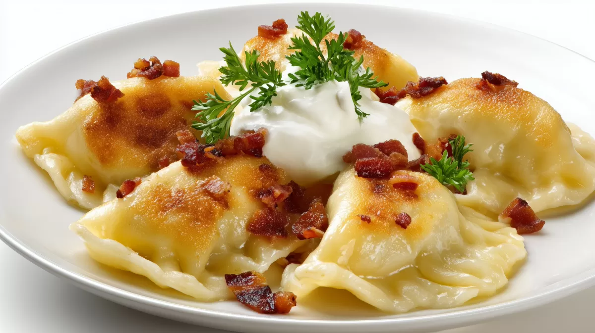 Pierogi mit Speck, saurer Sahne und Petersilie