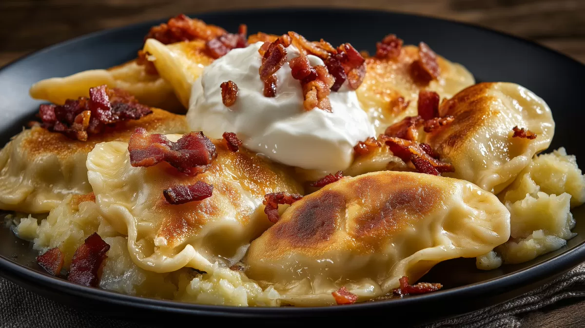 Pierogi mit Speck und Sauerrahm auf schwarzem Teller