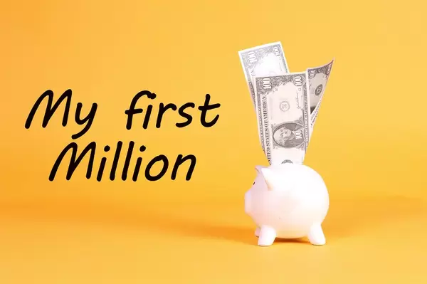 Piggy bank with dollar banknotes and My first Million text