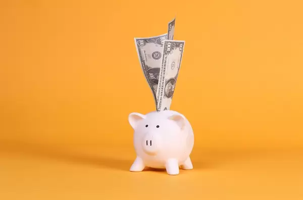 Piggy bank with dollar banknotes on orange background