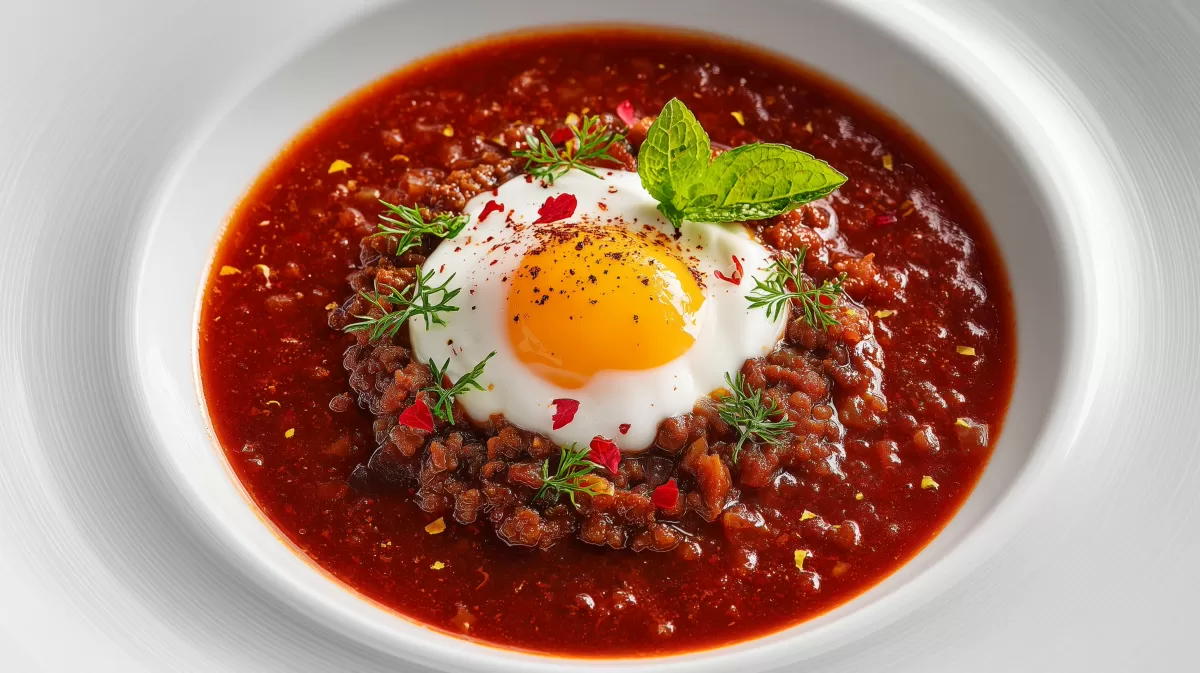 Pikante Ajvar Hackfleisch Suppe mit pochiertem Ei