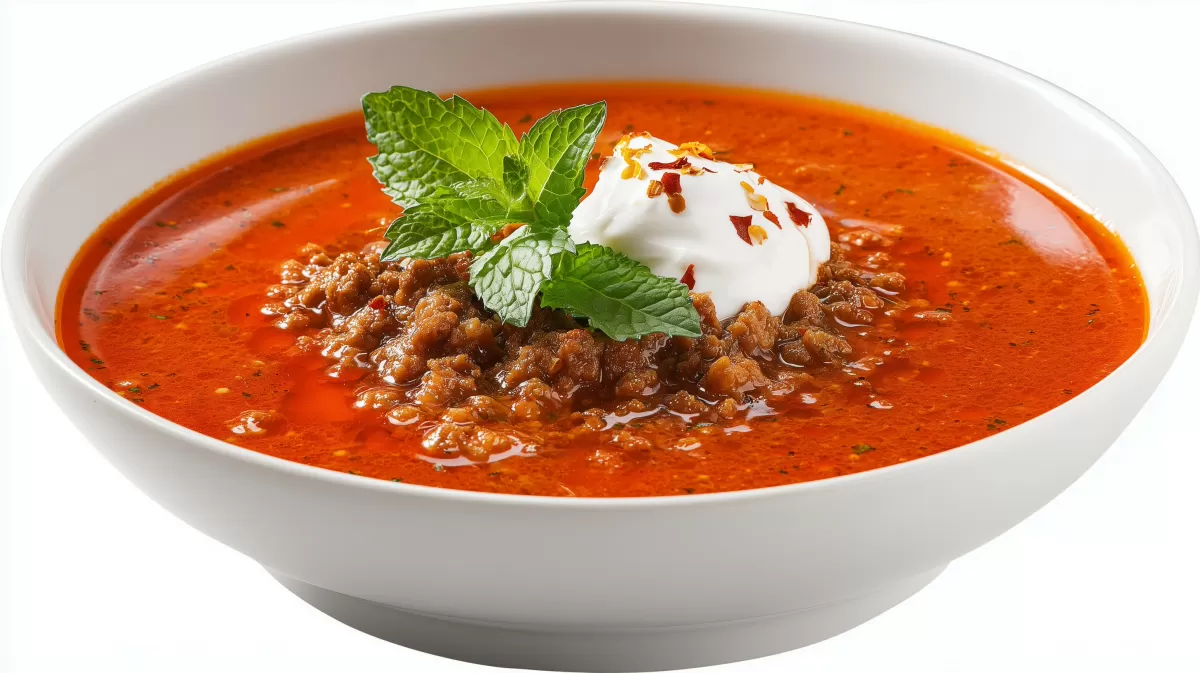 Pikante Ajvar Hackfleisch Suppe mit Sauerrahm