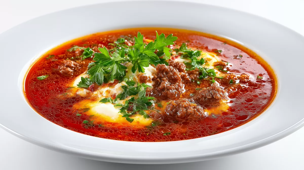 Pikante Ajvar Hackfleischsuppe mit Sauerrahm