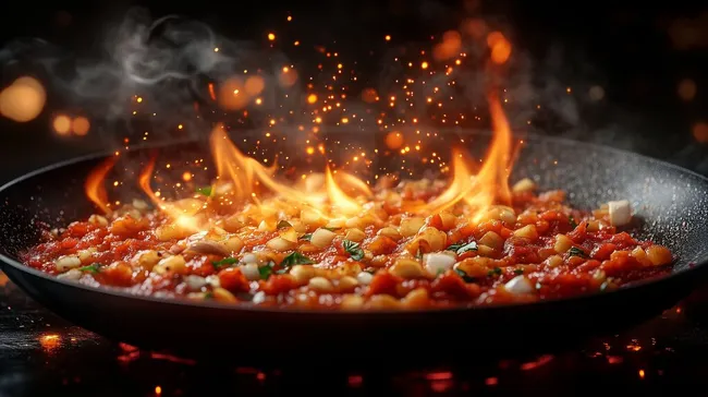 Pikante Tomatenmischung in Feuerglut auf Pfanne