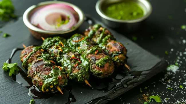 Pikante vegetarische Kebabs auf dunklem Schieferstein