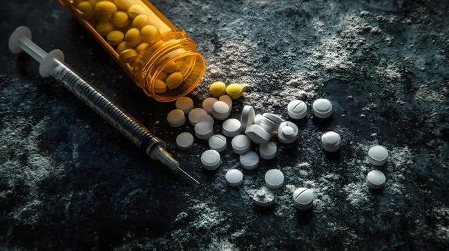 Pillen und Spritze auf dunkler Oberfläche