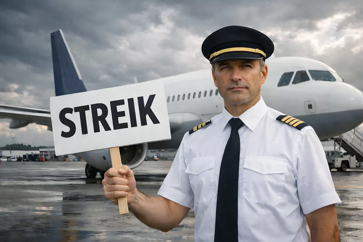 Pilot hält Streik-Schild vor Passagierflugzeug