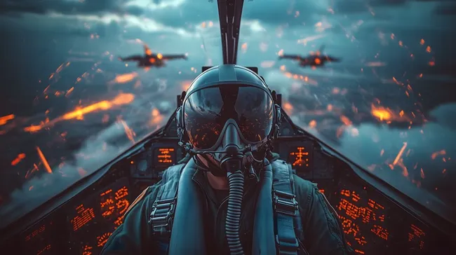 Pilot in feuerumflammtem Kampfflugzeugcockpit