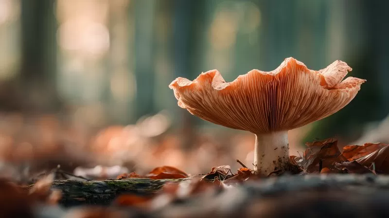 Pilz auf Waldboden mit Herbstlaub im Sonnenlicht