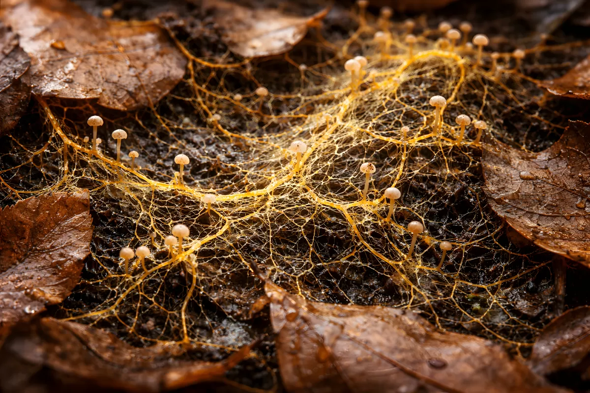 Pilzartiger Naturteppich aus Sporengeflecht und Blättern