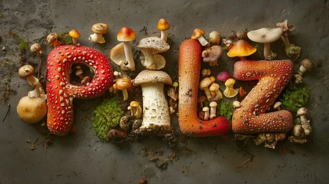 Pilze in Form des Worts 'Pilz' auf Moosbedecktem Untergrund
