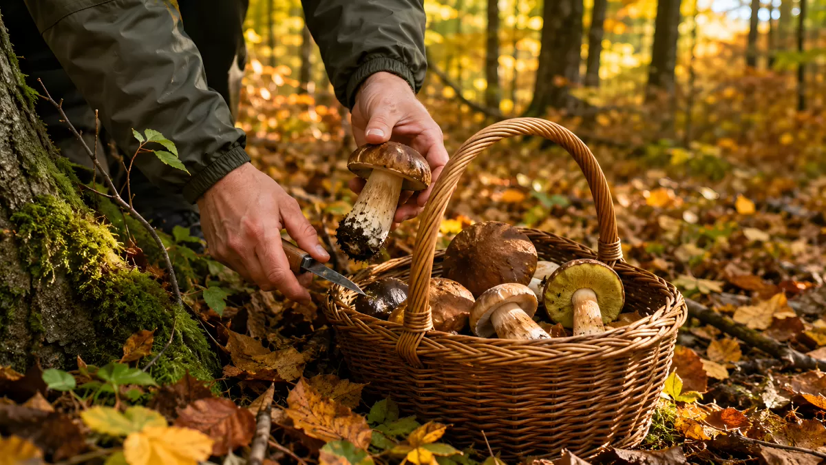 Pilze sammeln im Herbstwald mit Weidenkorb