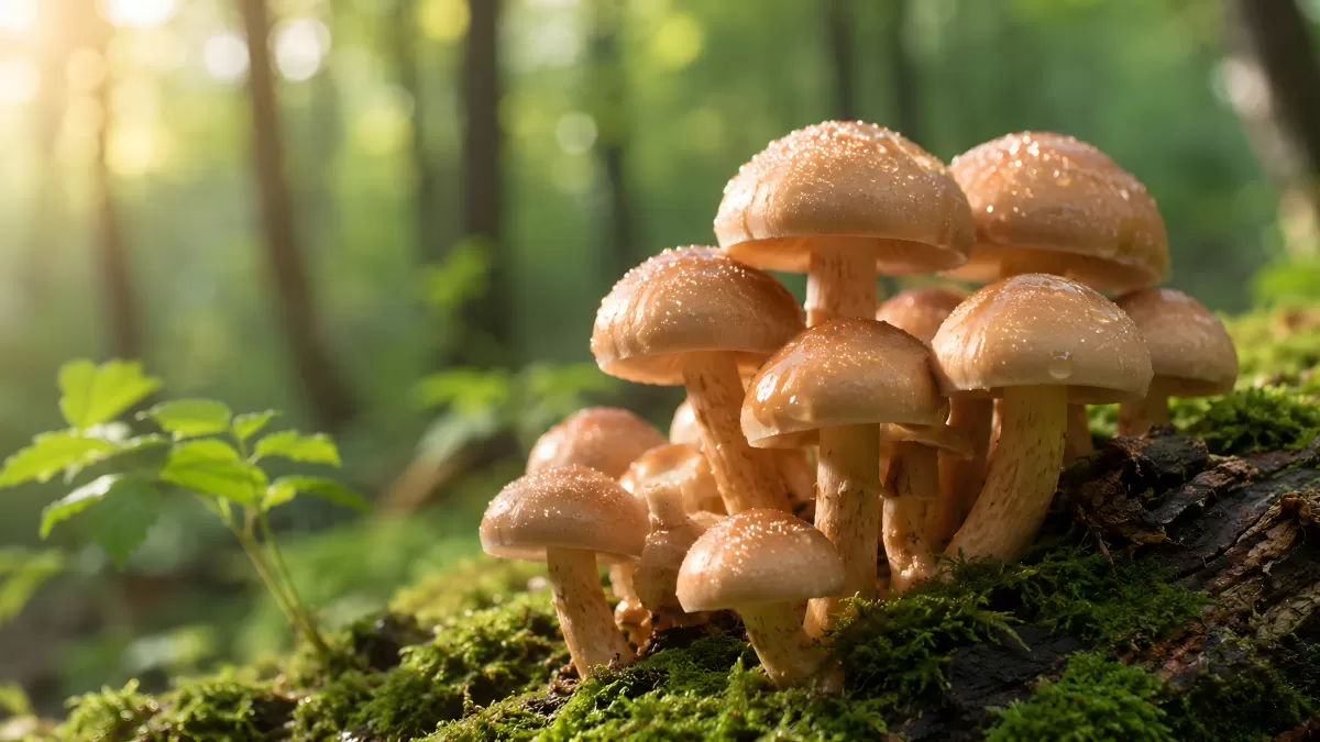 Pilzgruppe auf Moosboden im herbstlichen Wald