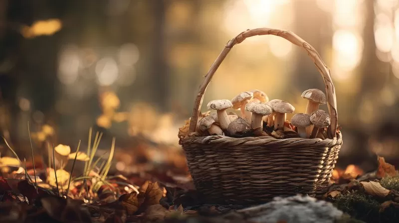 Pilzkorb im herbstlichen Wald auf dem Waldboden