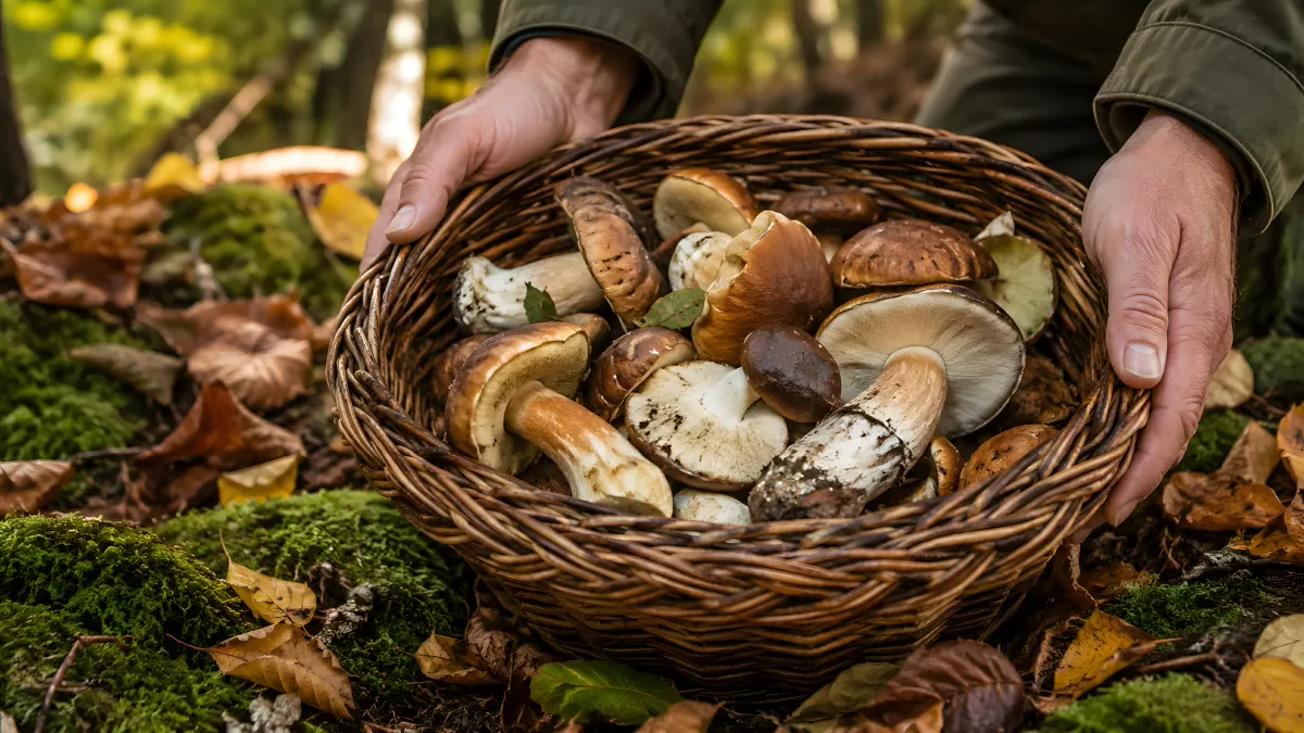 Pilzkorb im Herbstwald – frische Waldpilze gesammelt