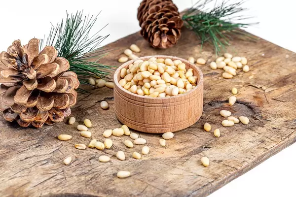 Pine nuts with pine cones and branches on an old kitchen Board