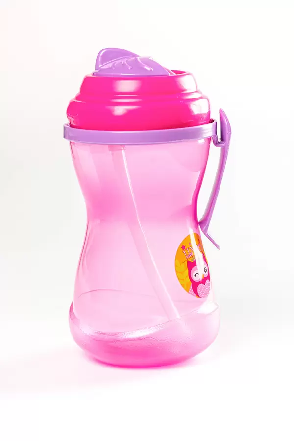 Pink baby bottle with a straw