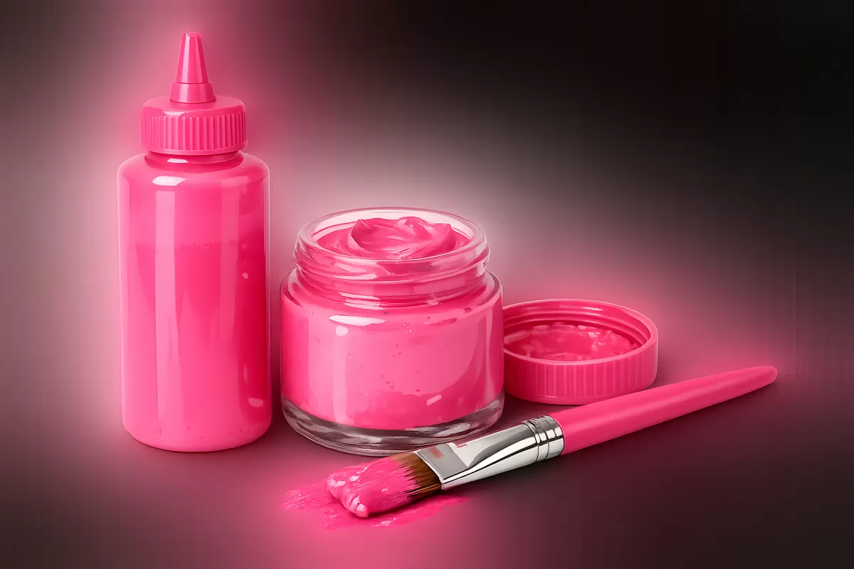 Pink Farbe in Glas und Flasche mit Pinsel