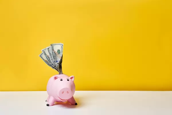 Pink piggy bank and money