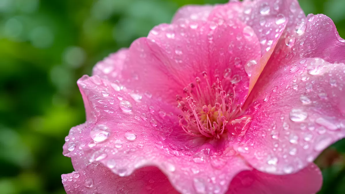 Pinke Blüte mit Wassertropfen nach dem Regen