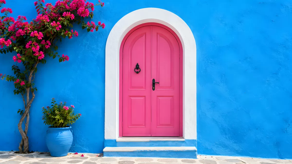 Pinke Bogentür an leuchtend blauer Hausfassade