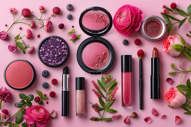 Pinke Kosmetik und Blumen auf rosa Hintergrund