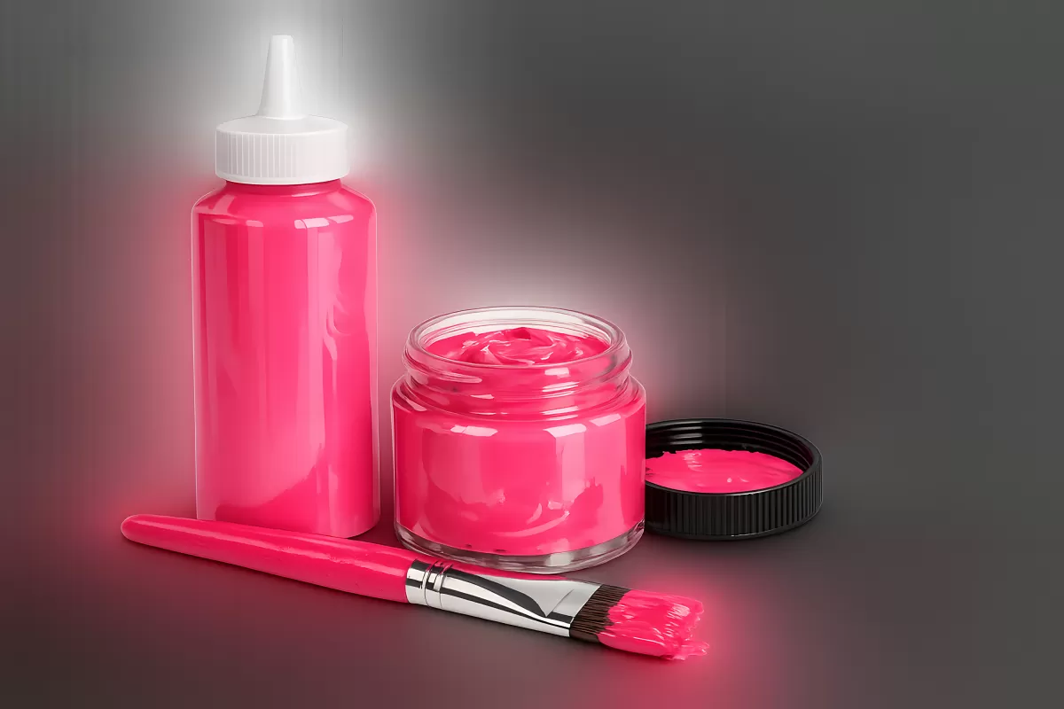 Pinke Kosmetikprodukte mit Pinsel auf grauem Hintergrund