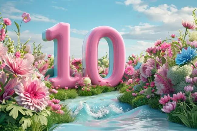 Pinke Nummer 10 in einer blühenden Frühlingswiese