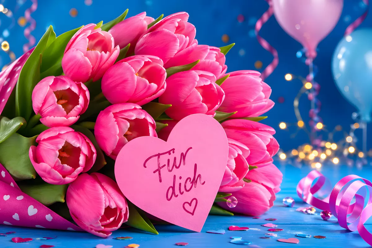 Pinke Tulpen mit Herzkarte Für dich zum Geburtstag