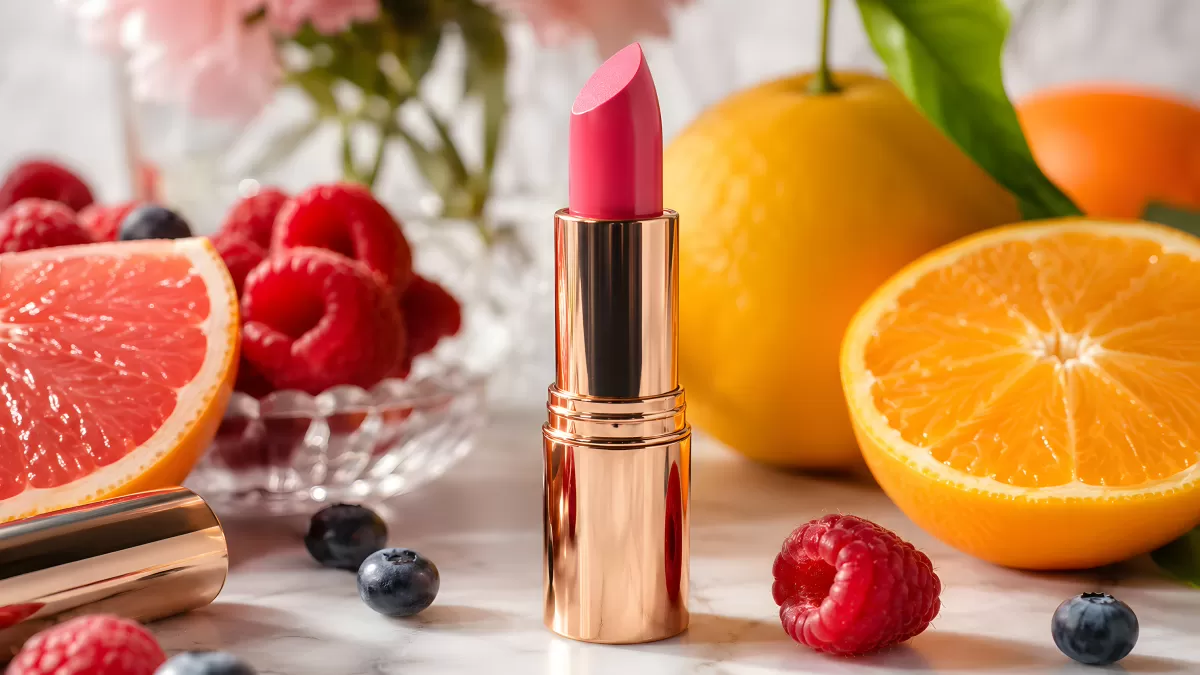 Pinker Lippenstift mit goldener Hülle und frischen Früchten