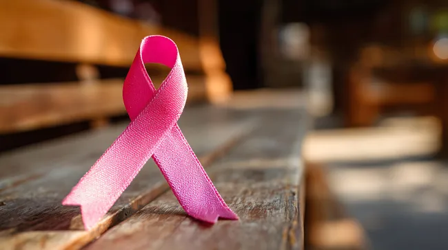 Pinkes Brustkrebs-Bewusstseinsband auf Holztisch